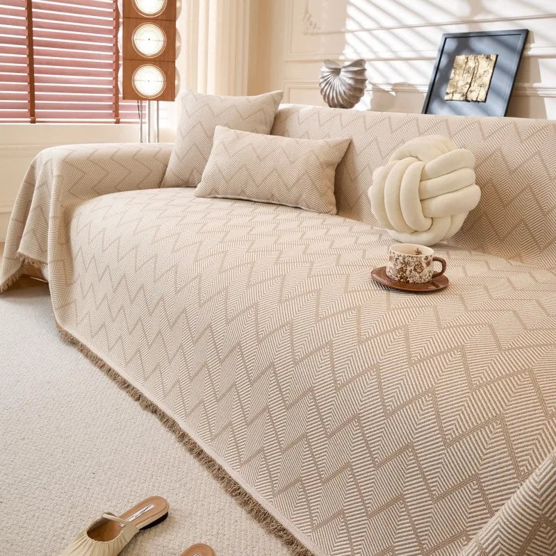 All-Season Universal Full Coverage Non-Slip Couch Imitation Llinen Solid Couch Camping Blanket Vintage Wave Pattern Sofa Cover